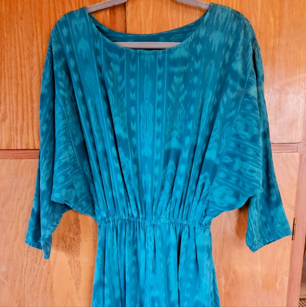 New Stunning Guatemalan 100% Cotton Maxi Dress Stretch Womens Medium Teal